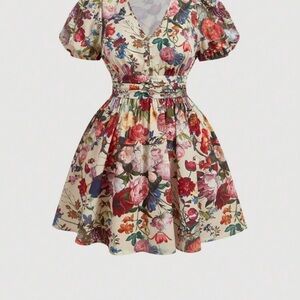 Floral V-Neck Short Puff-Sleeve Dress